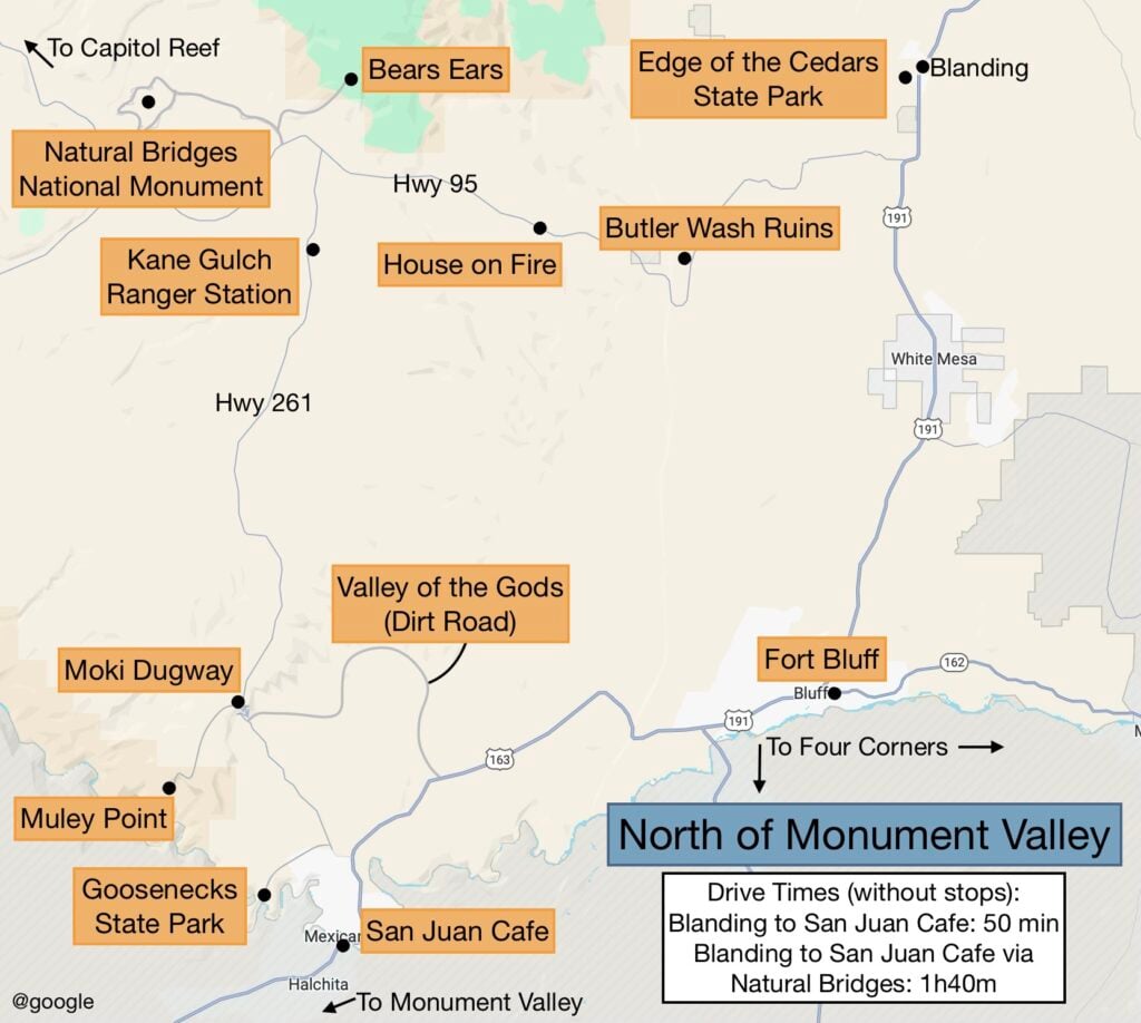 Map showing sites North of Monument Valley
