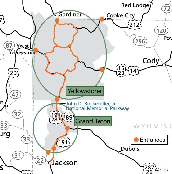 Map showing entrances to Yellowstone and Grand Teton