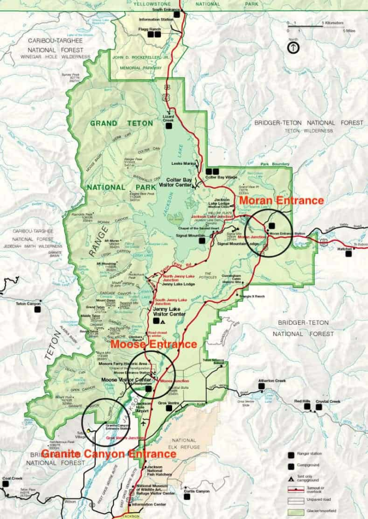 Map Showing the Three Main Entrances in Grand Teton