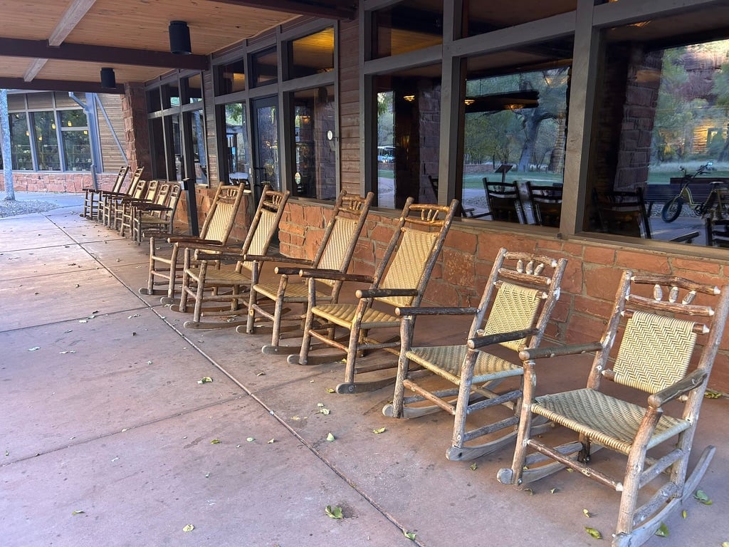 rocking chairs outside of Zion Lodge