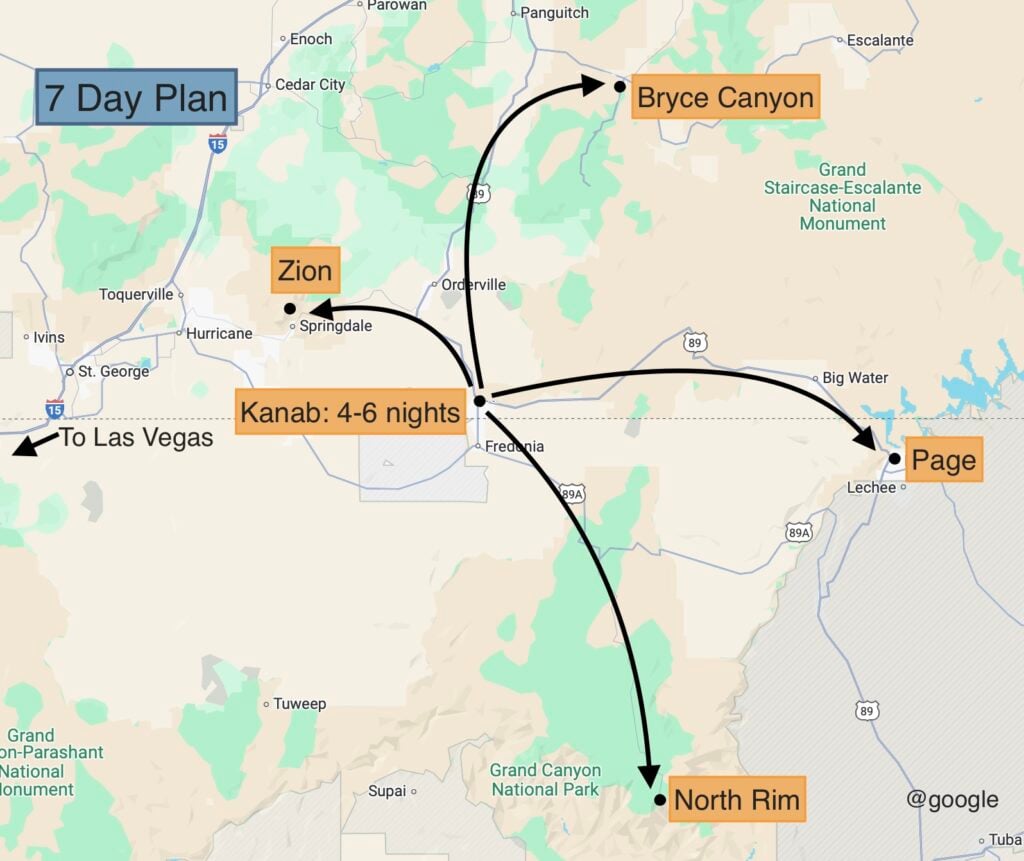 Map showing 7 day itinerary to Zion, Bryce, and the North Rim of the Grand Canyon