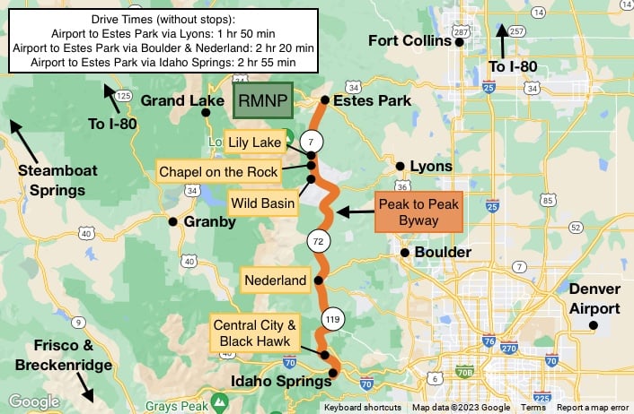 map showing directions to Rocky Mountain National Park