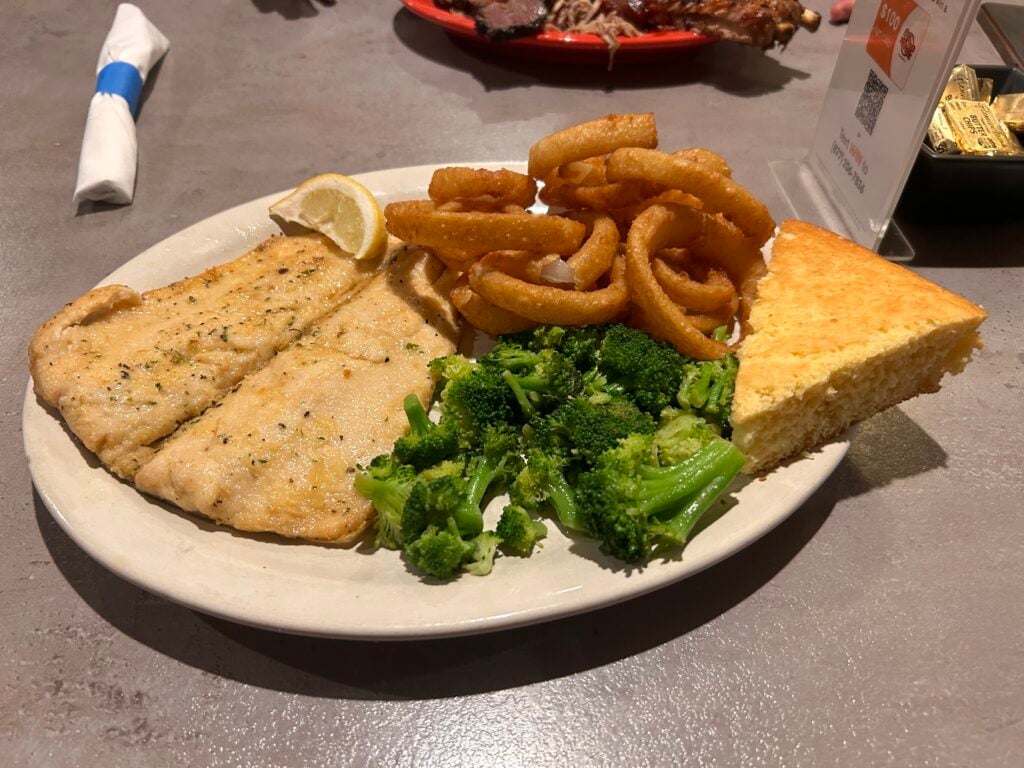 Greenback trout, onion rings, broccoli and cornbread