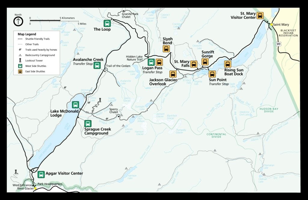 Map showing shuttle stops in Glacier