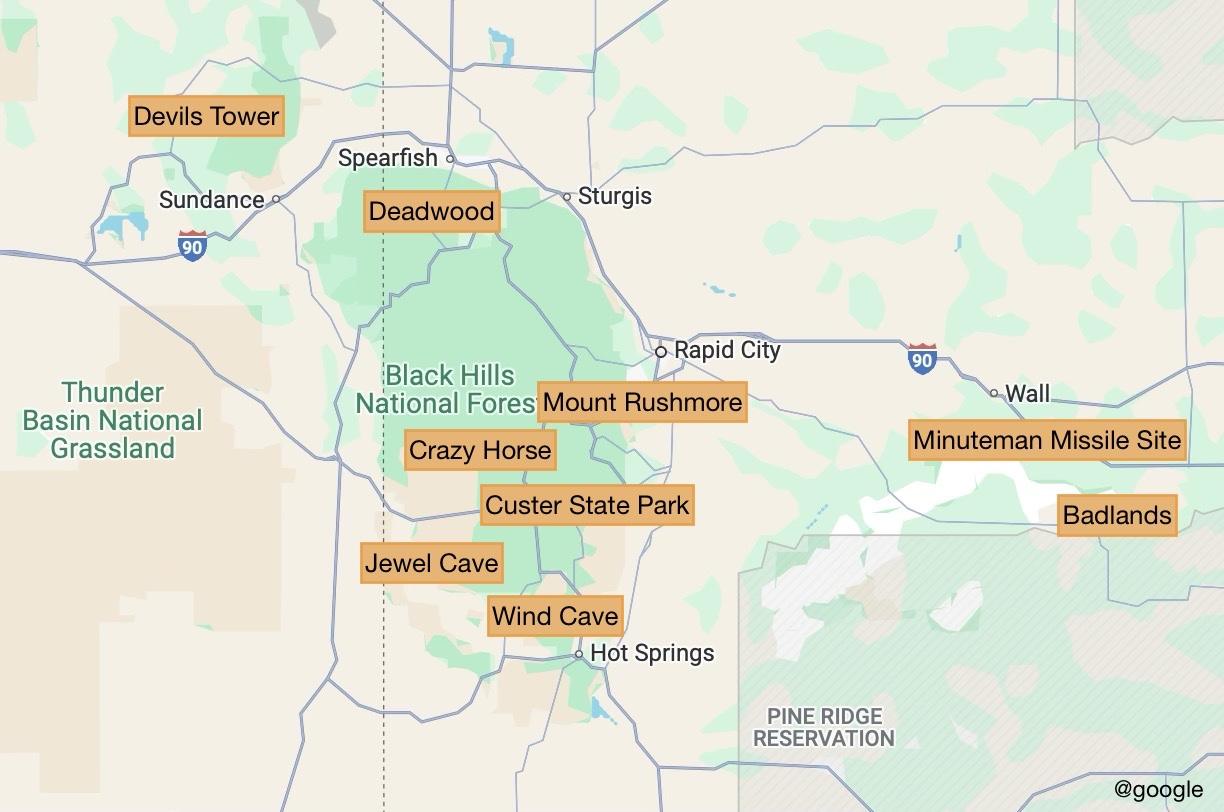 Map showing sites and cites in Black Hills