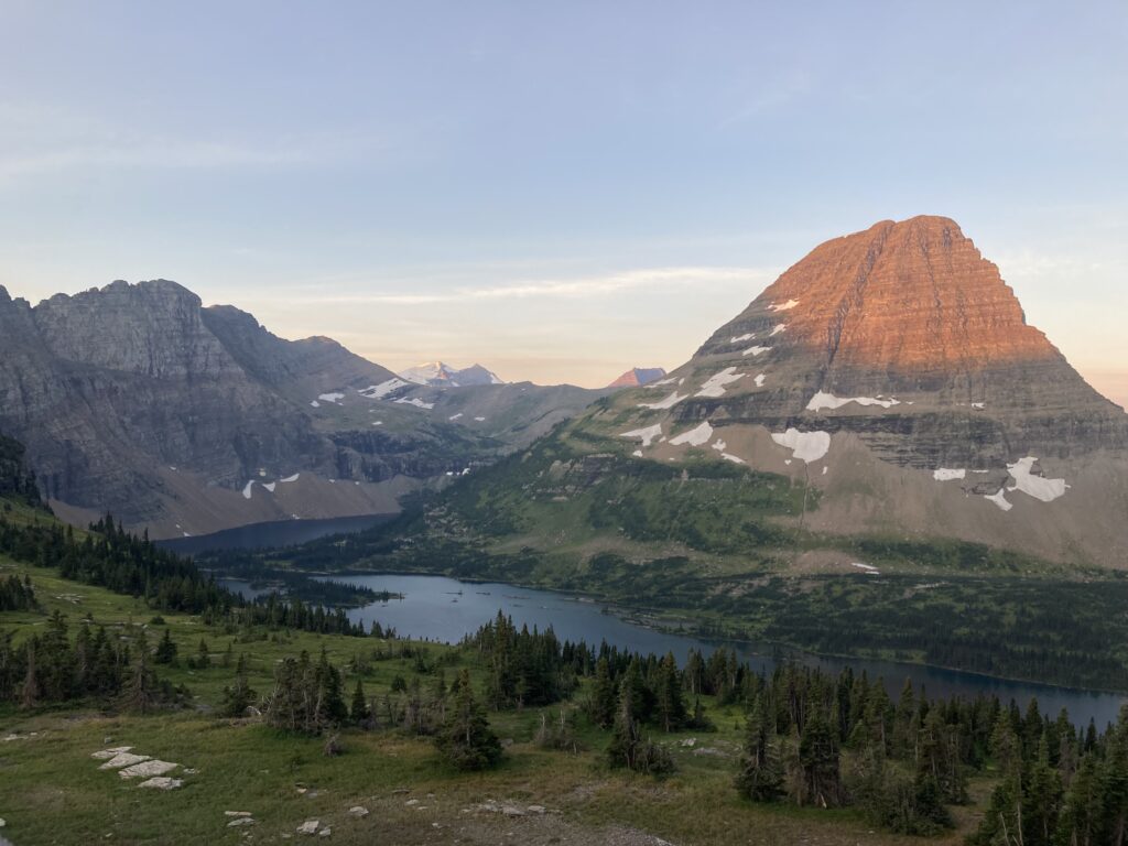 distant view of Hidden Lake in mountain valley