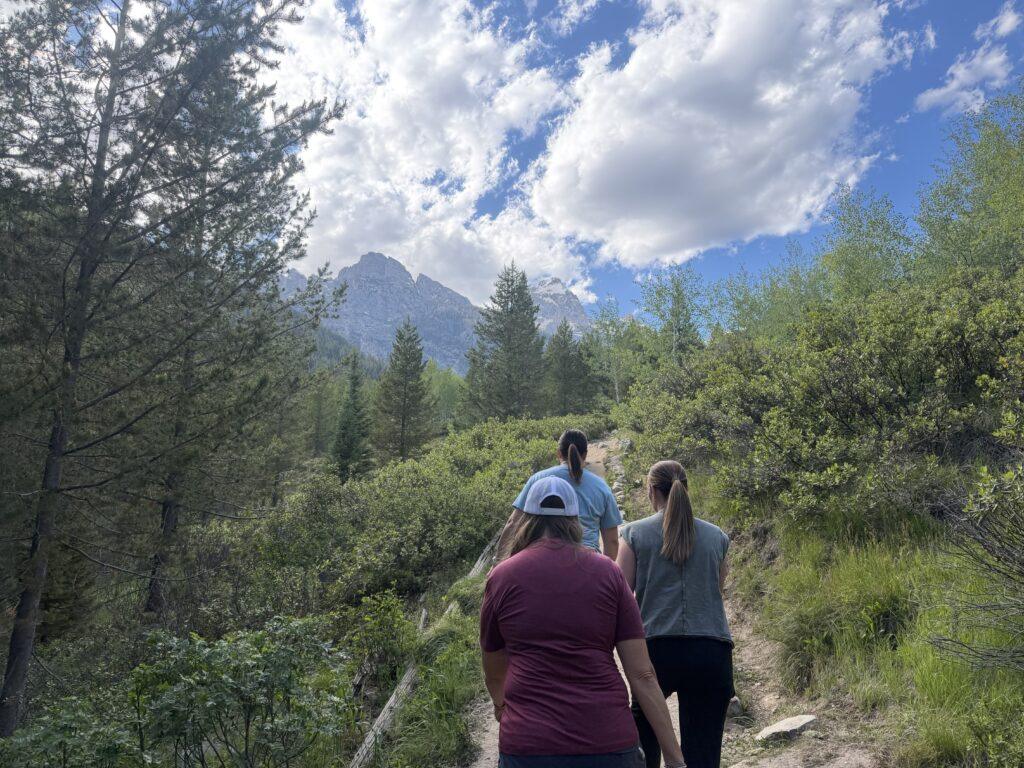 people hiking on trail in mountains