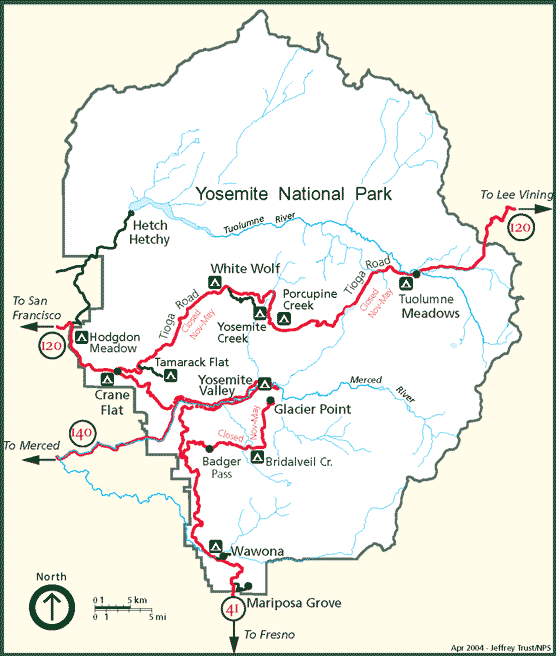 Map showing roads in Yosemite