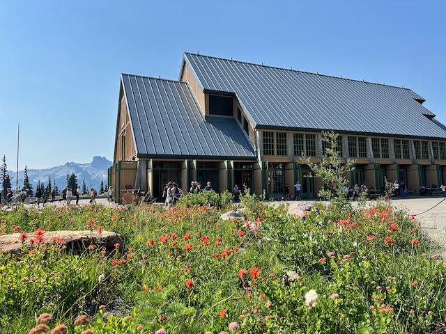 visitor center at Mount Rainier with wildflowers out front