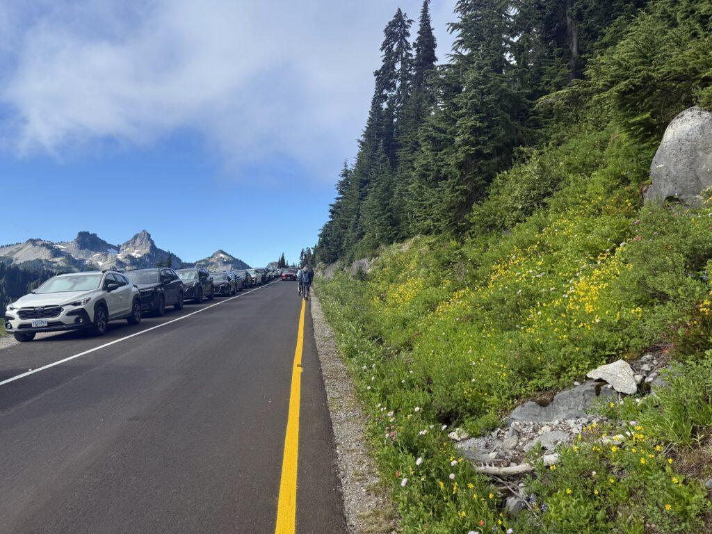 one way road with cars parked on the side