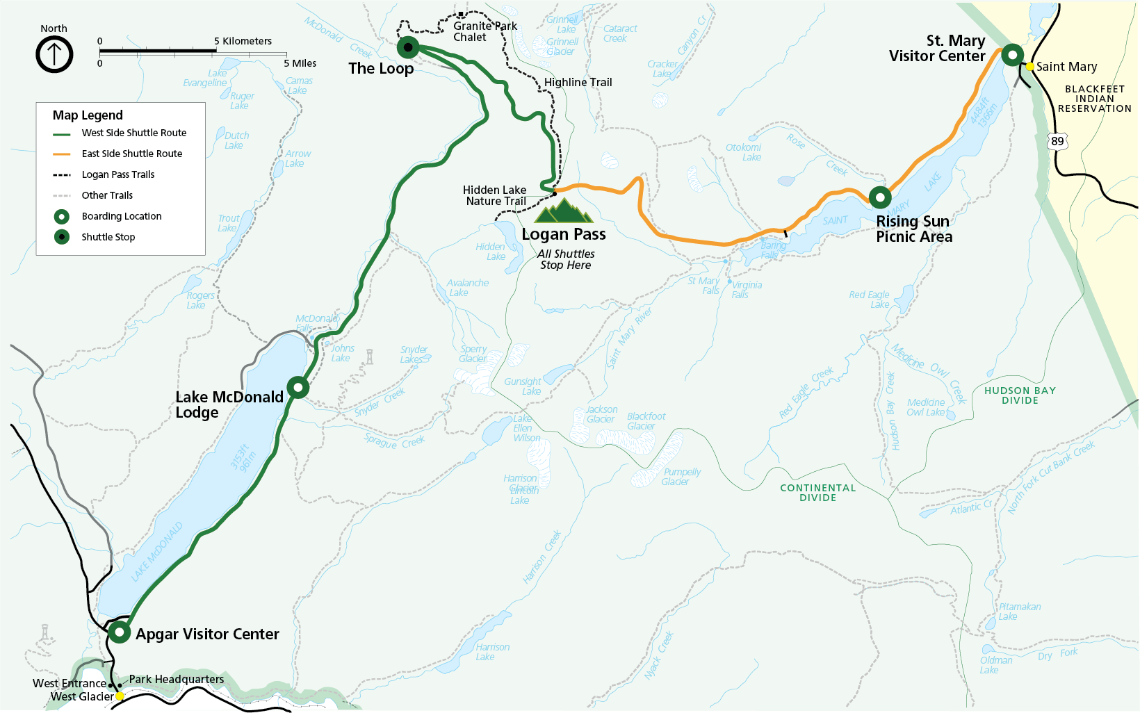 map showing shuttle stops in Glacier National Park