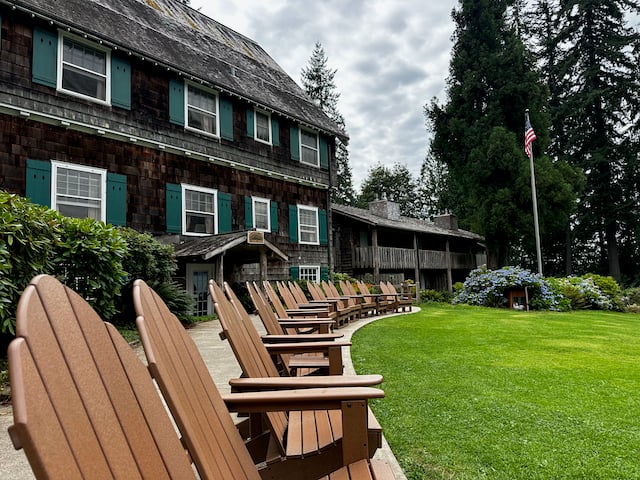 adirondack chairs in front of lodge