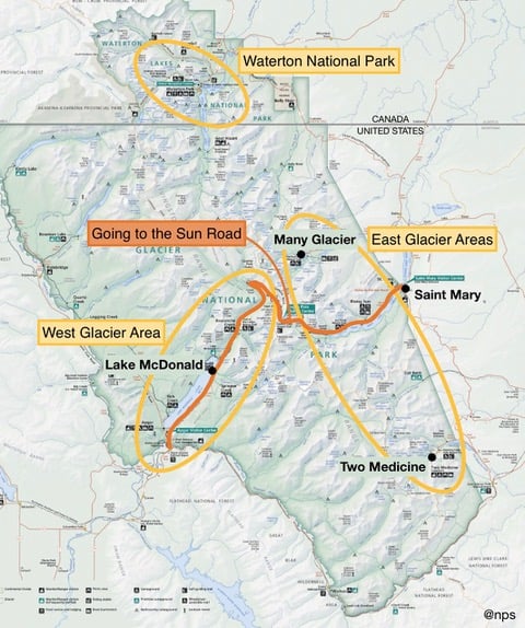 Map showing different areas of Glacier National Park