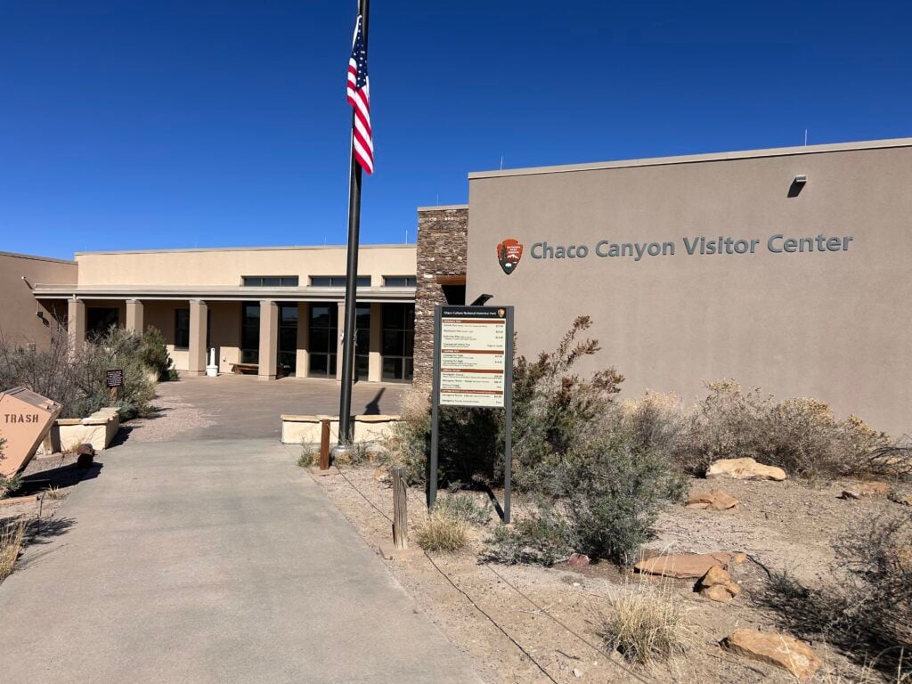 Exterior of Chaco Canyon Visitor Center, flat top building