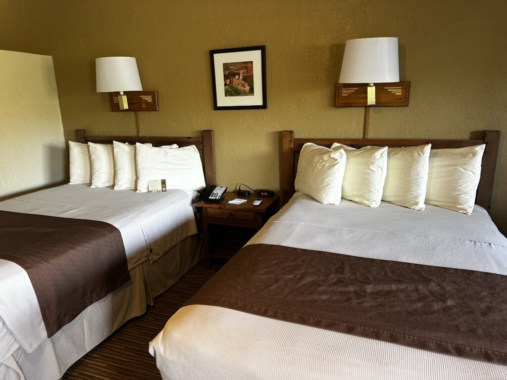 Twho queen beds with 4 pillows each with lamps above them