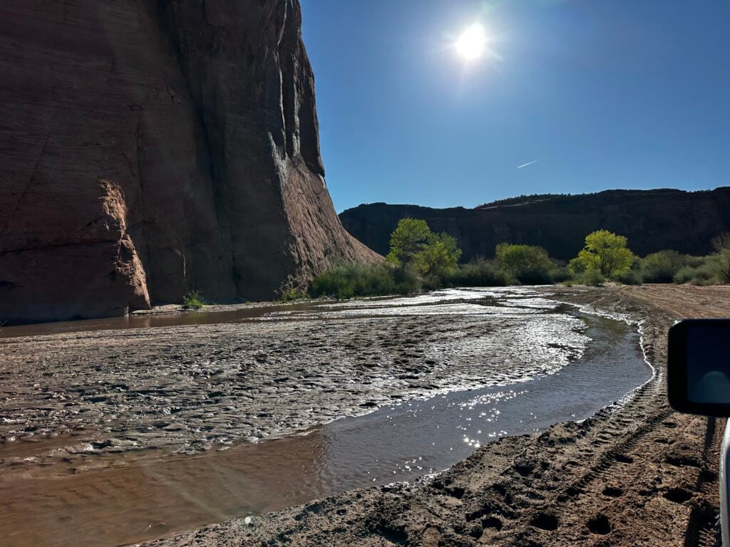 Small river and wash going through the bottom of a red rock canyon with cottonwood trees and the sun in the background