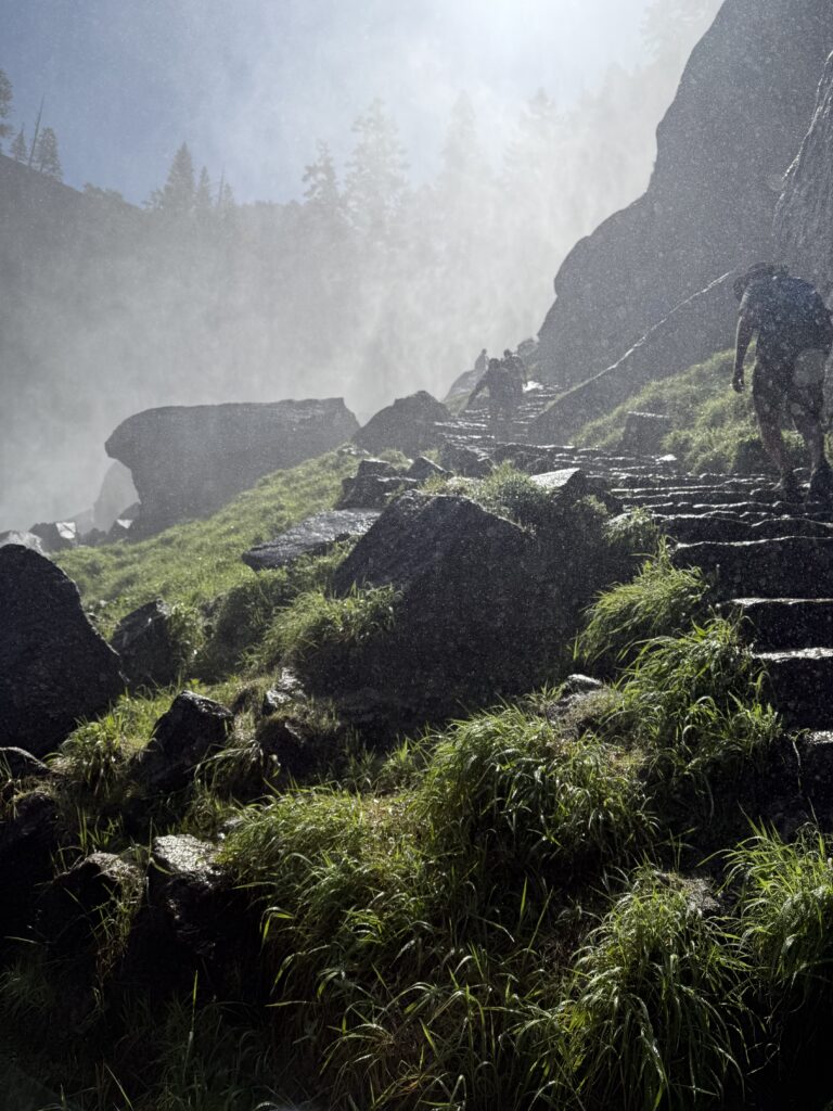 mist on trail with rock stairs