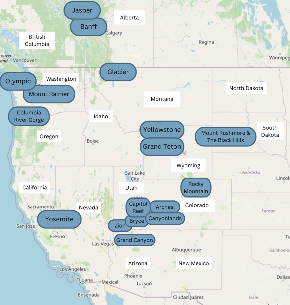 Map showing National Parks in the West covered by We're in the Rockies
