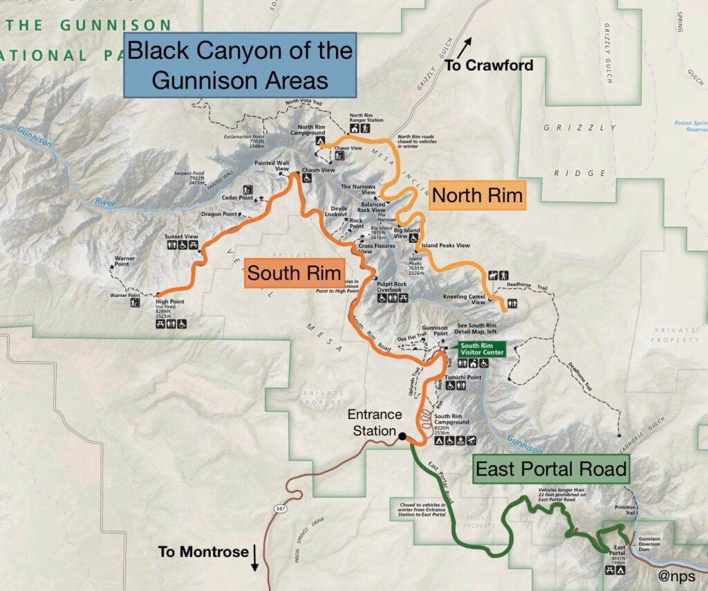 Map showing different areas of the Black Canyon of the Gunnison