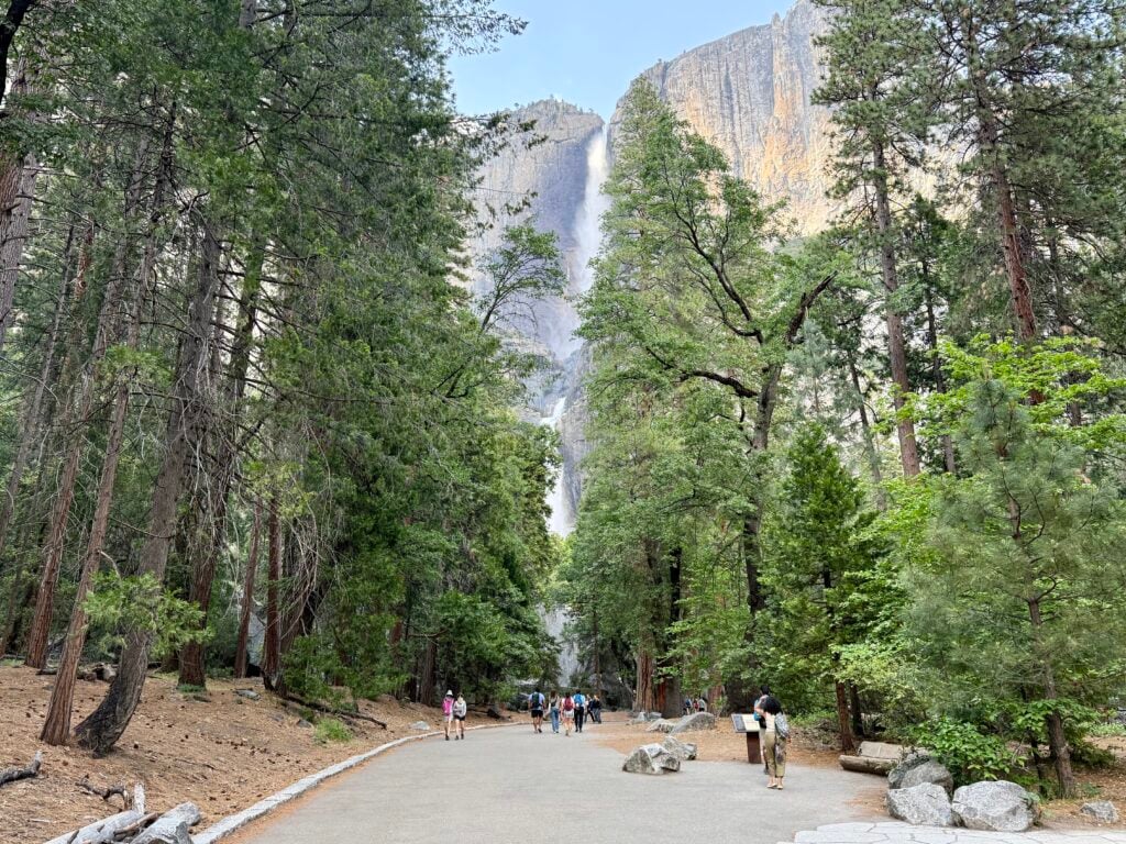 people walking on paved path with waterfall in distance