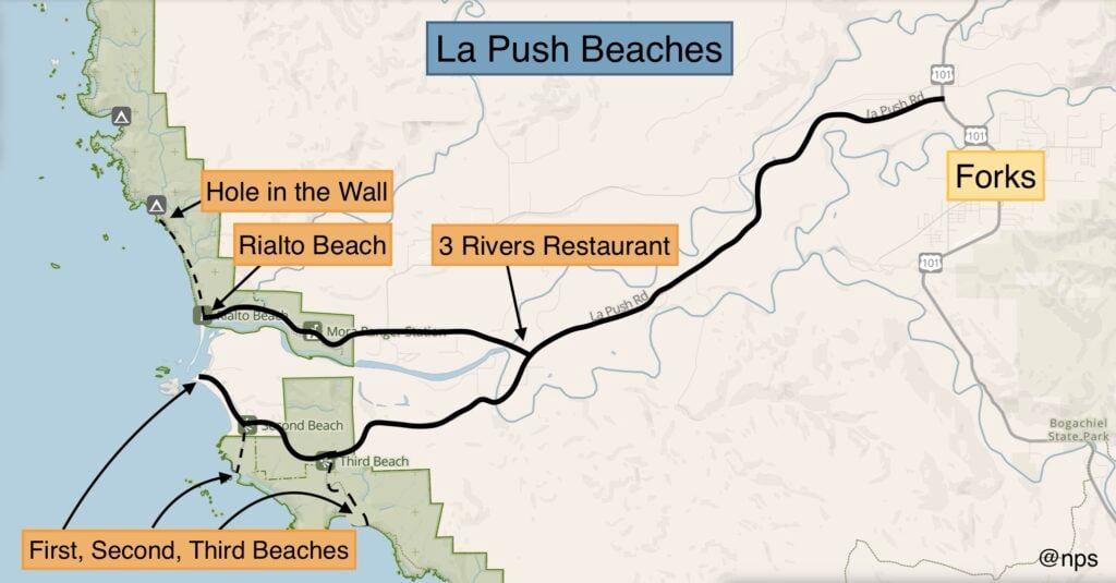 Map showing La Push Beaches and Forks, Washington