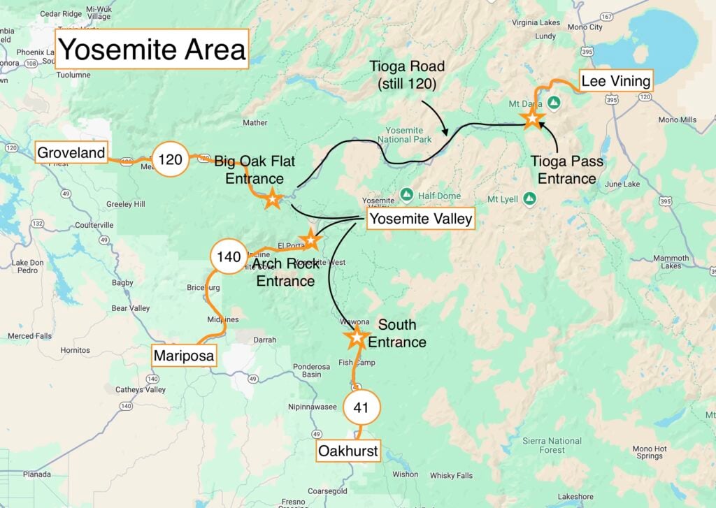 Map showing Yosemite area