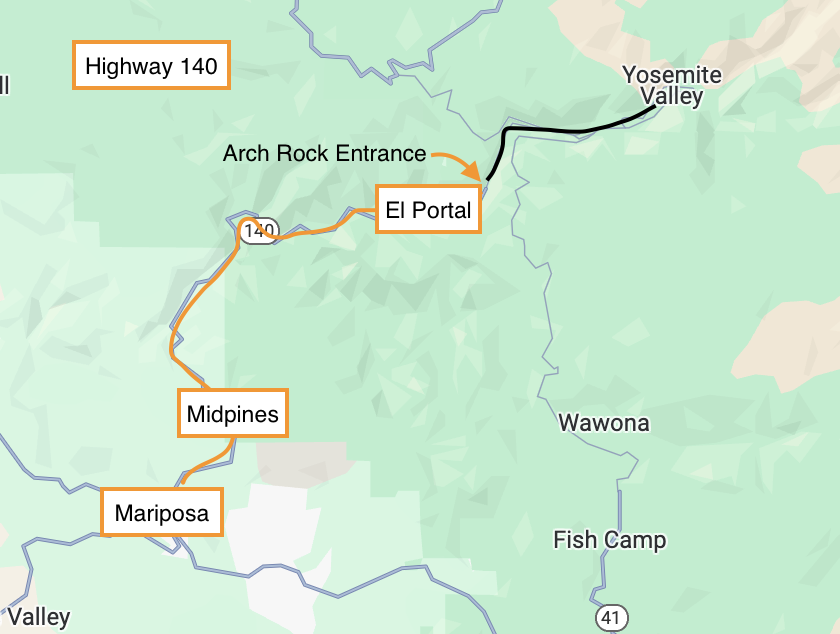 map showing Highway 140 in Yosemite