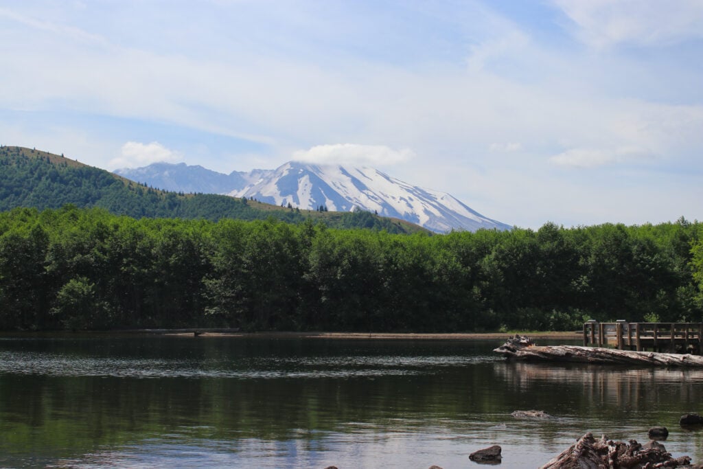 view of Mount St. Helens behind lake