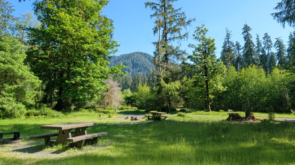 picnic tables in meadow at campsite