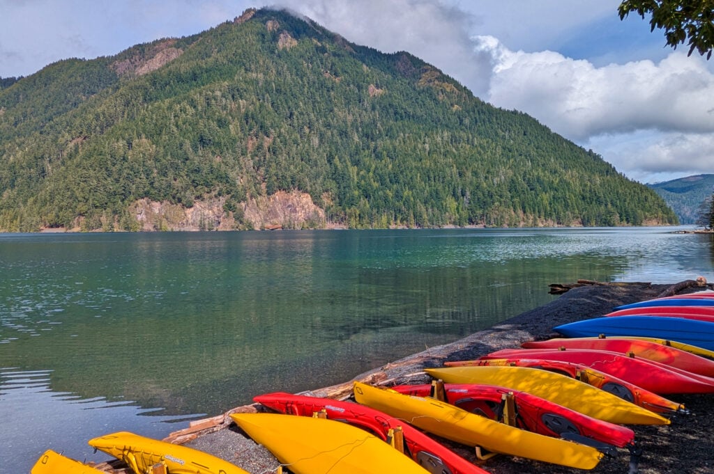kayaks next to lake