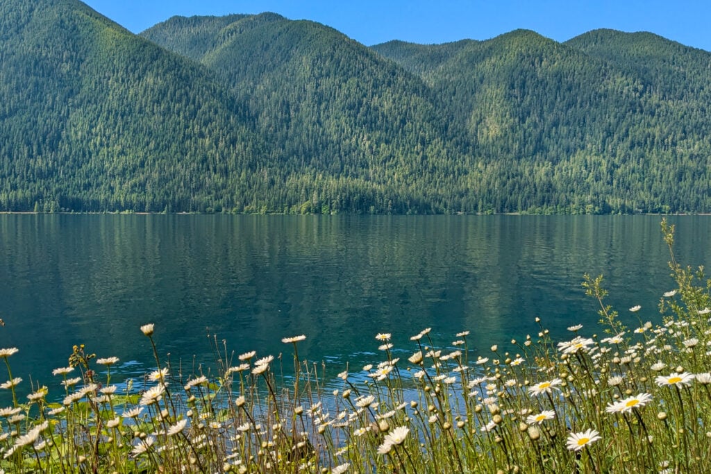 Lake at base of mountains