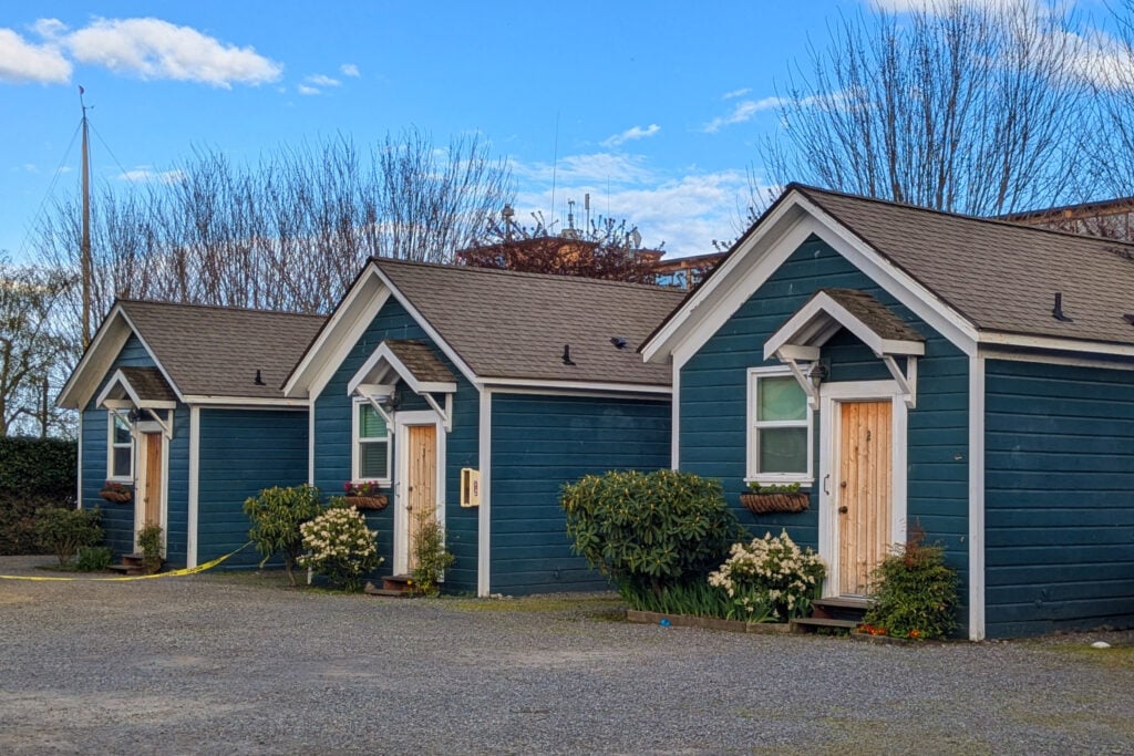 blue and white cabins