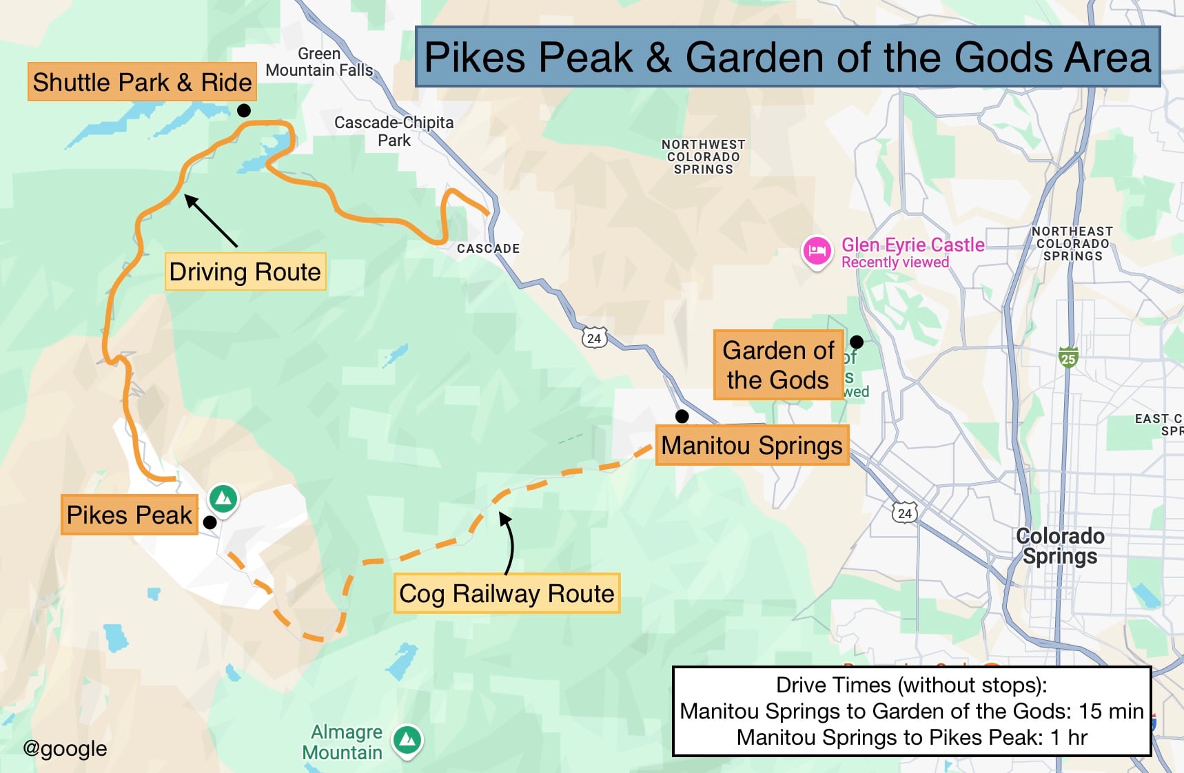 Map locating Pikes Peak, Manitou Springs, Garden of the Gods, and Colorado Springs, with driving and cog railway routes