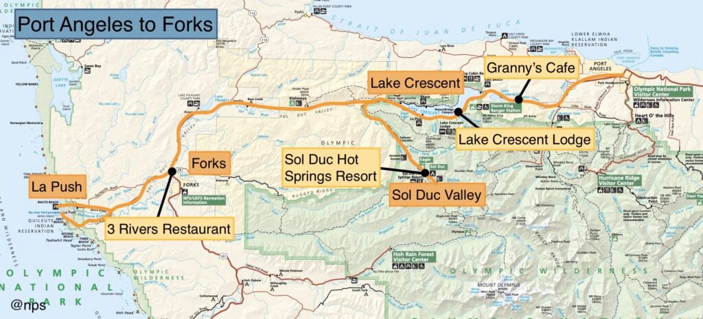 Map showing sites between Port Angeles and Forks, Washington