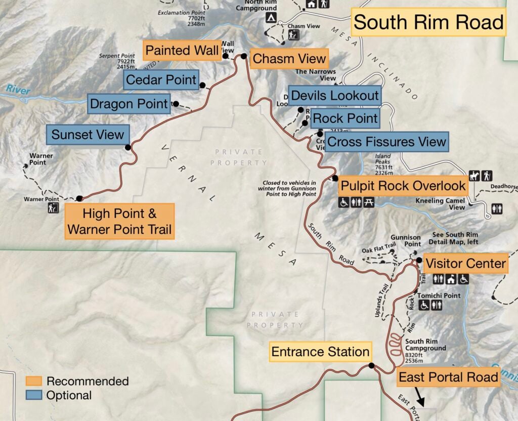 Map showing sites along South Rim Road in the Black Canyon of the Gunnison