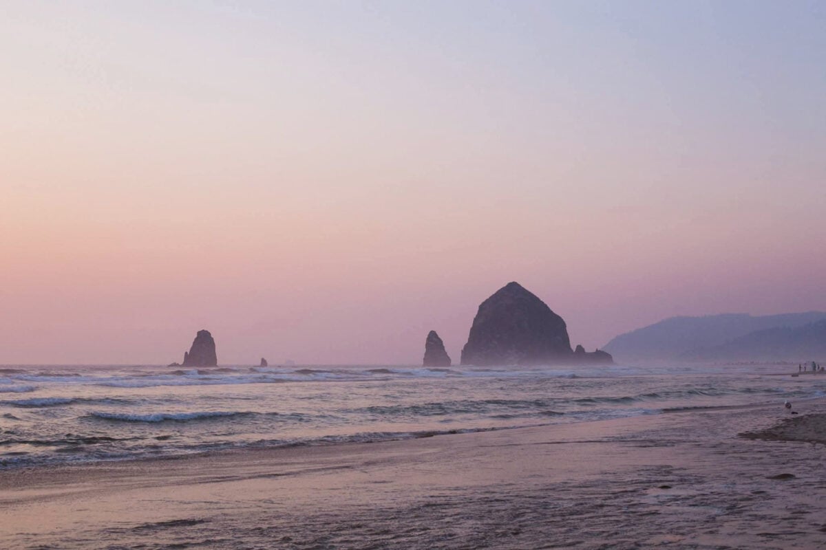 foggy beach with rocks at sunset