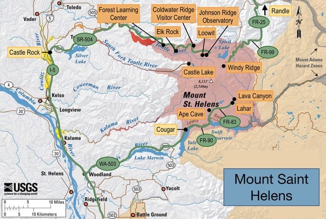 Map showing area around Mount St. Helens