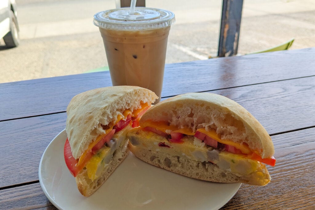 breakfast sandwich and coffee