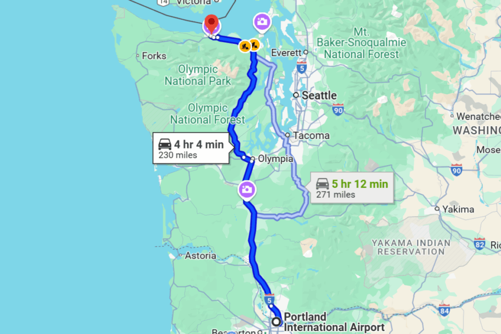 Google map showing driving route from Portland airport to Port Angeles