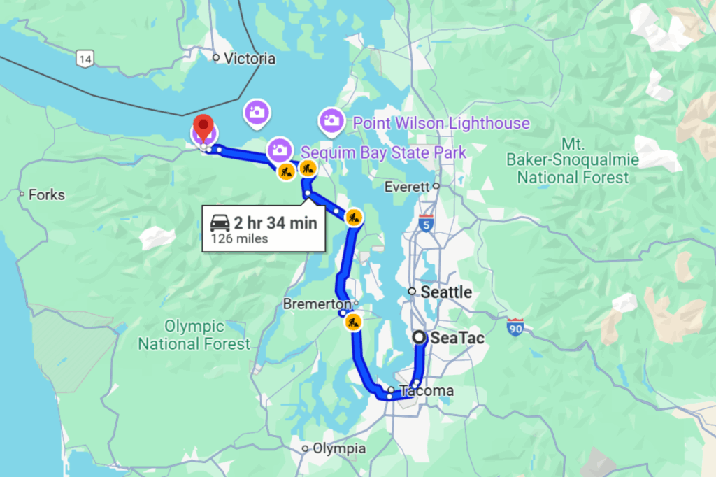 map showing driving route from SeaTac airport to Port Angeles