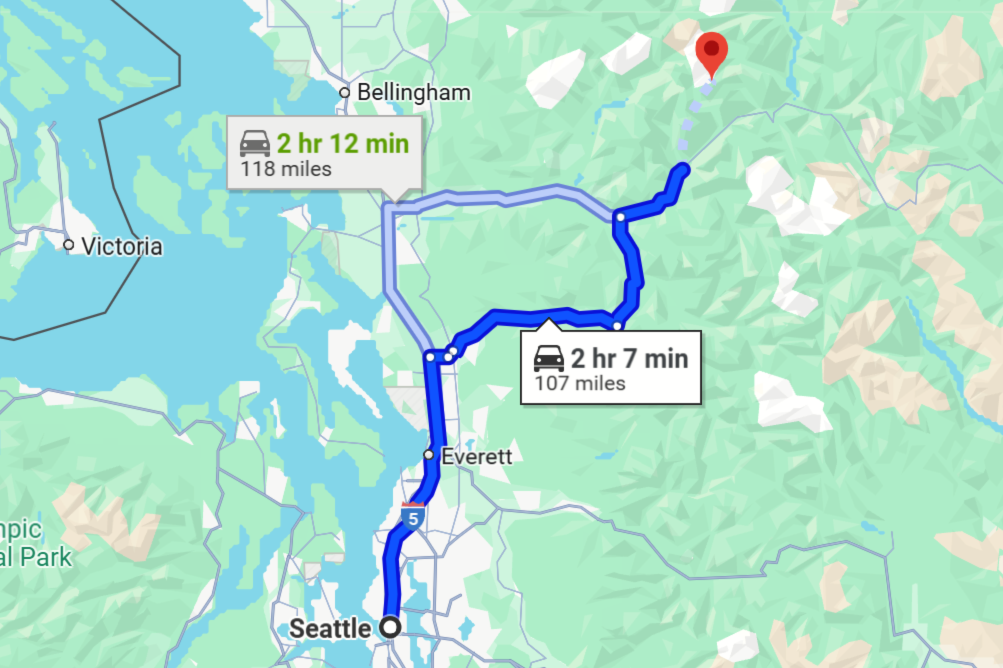 Google map showing driving route from Seattle to North Cascades National Park