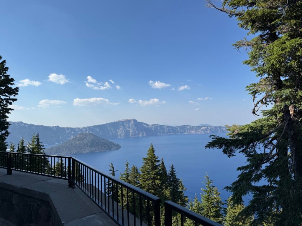View of Crater Lake with railing in front
