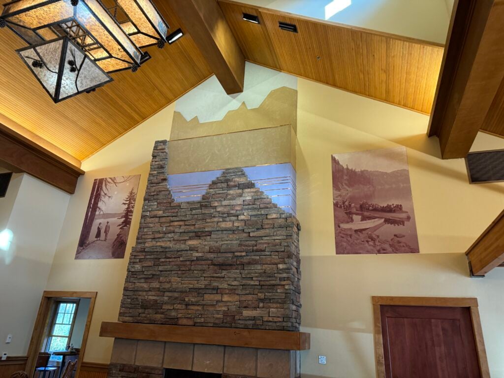 Stone art work and old photos in a building