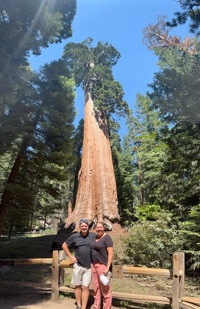 Man and woman standing infront of a giant sequoia tree that is over 200 feet tall