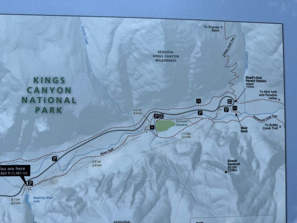 Map of the trail connecting Roaring Falls to Muir Rock