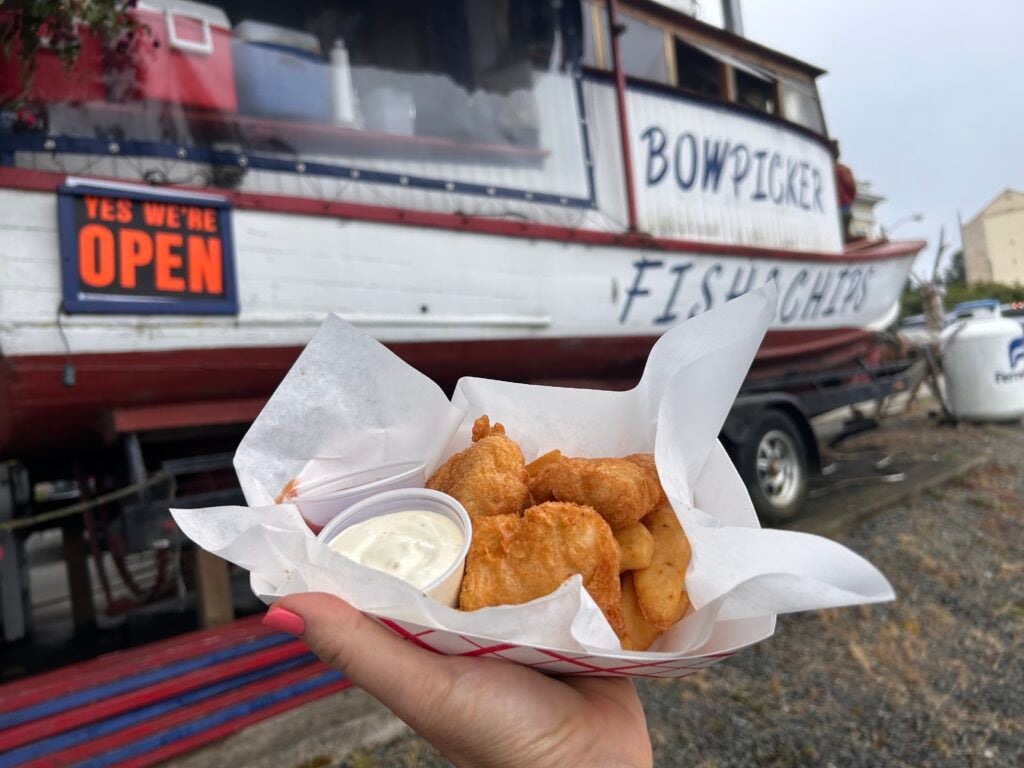 fish and chips in front of Bowpicker restaurant