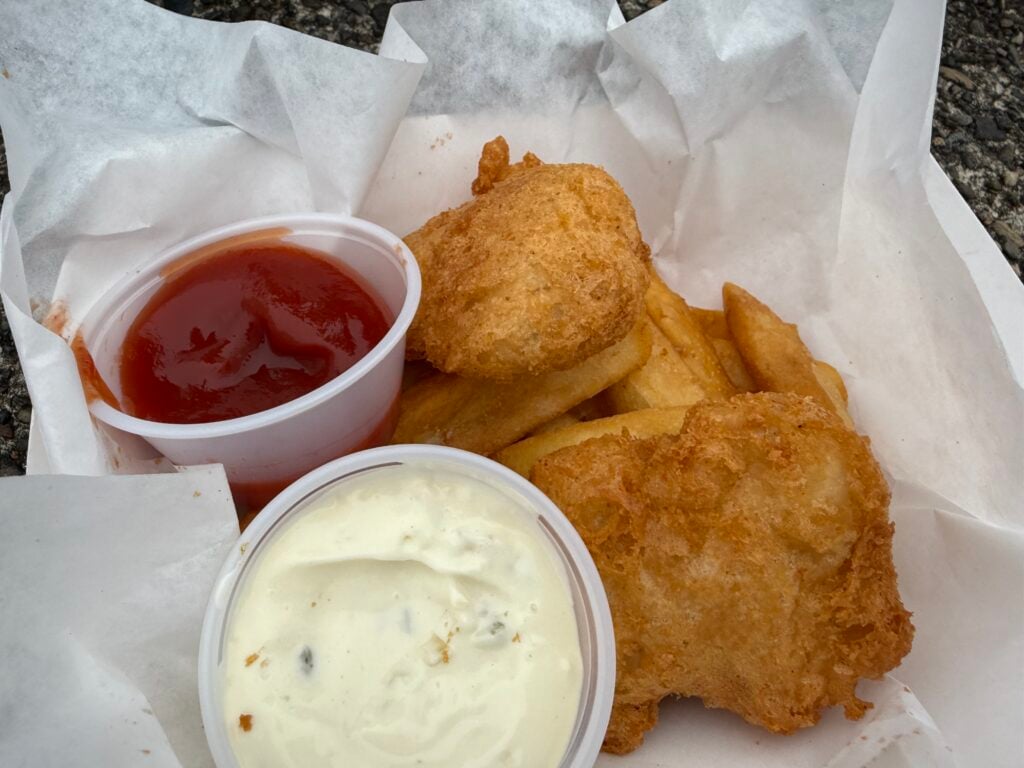 fish and chips with tartar sauce and ketchup
