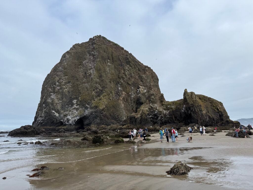 people near giant rocks on beach