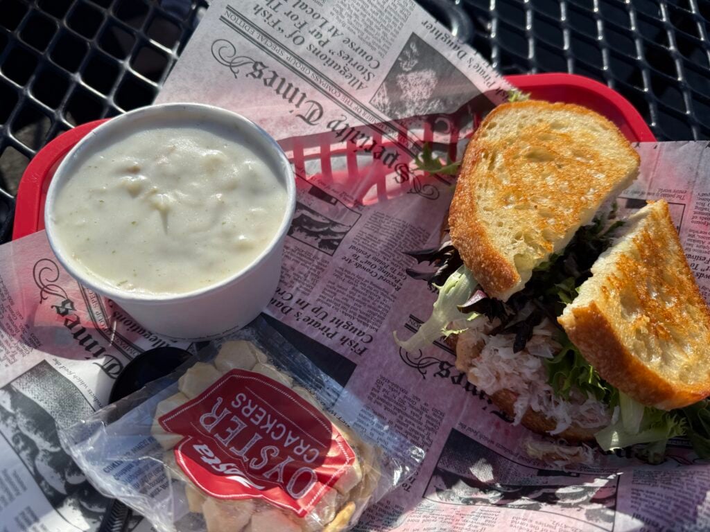 Clam chowder and crab sandwich