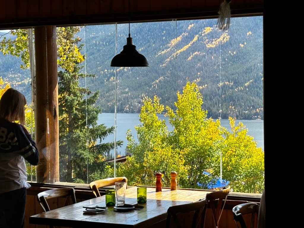 view through window inside restaurant